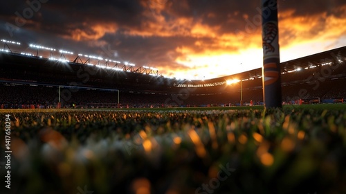 Dramatic sunset over a packed stadium.