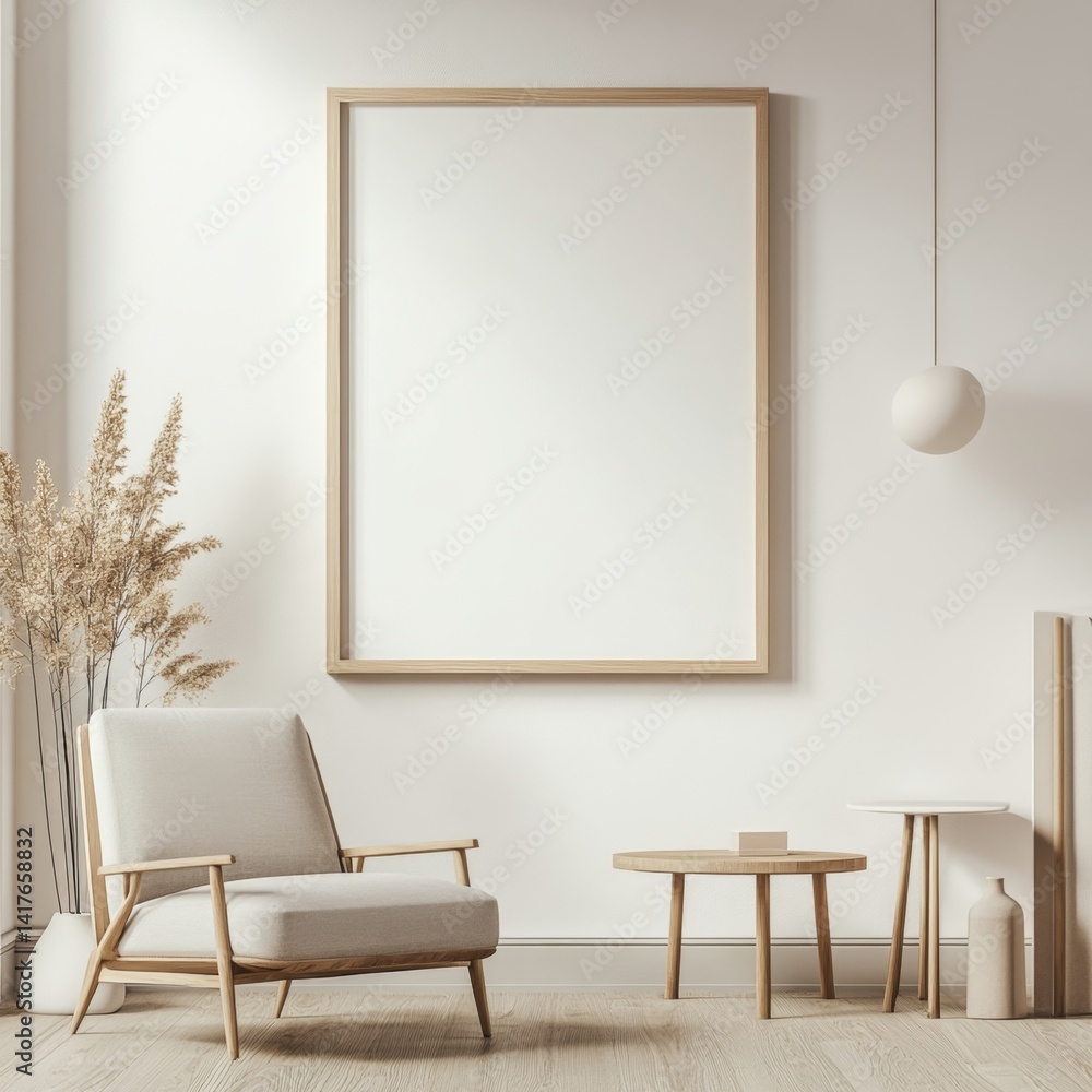 Minimalist living room with empty frame, showcasing modern design Minimalist living room with empty frame, showcasing modern design