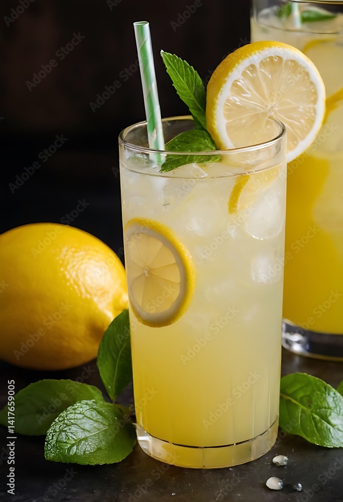 Fototapeta premium Refreshing summer lemonade drink with lemon slices and ice