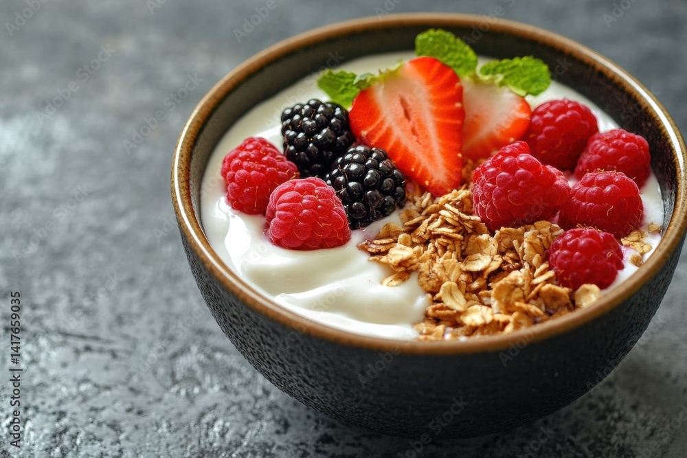 Delicious yogurt bowl with fresh berries and granola on textured surface Delicious yogurt bowl with fresh berries and granola on textured surface