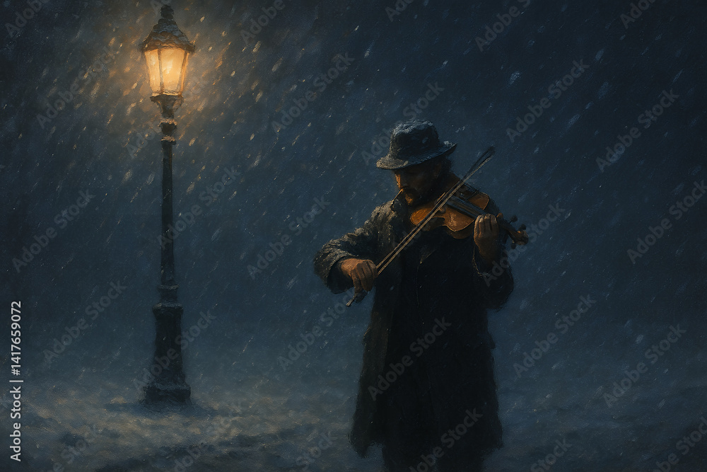 Fototapeta premium Man playing guitar at night cinematic view