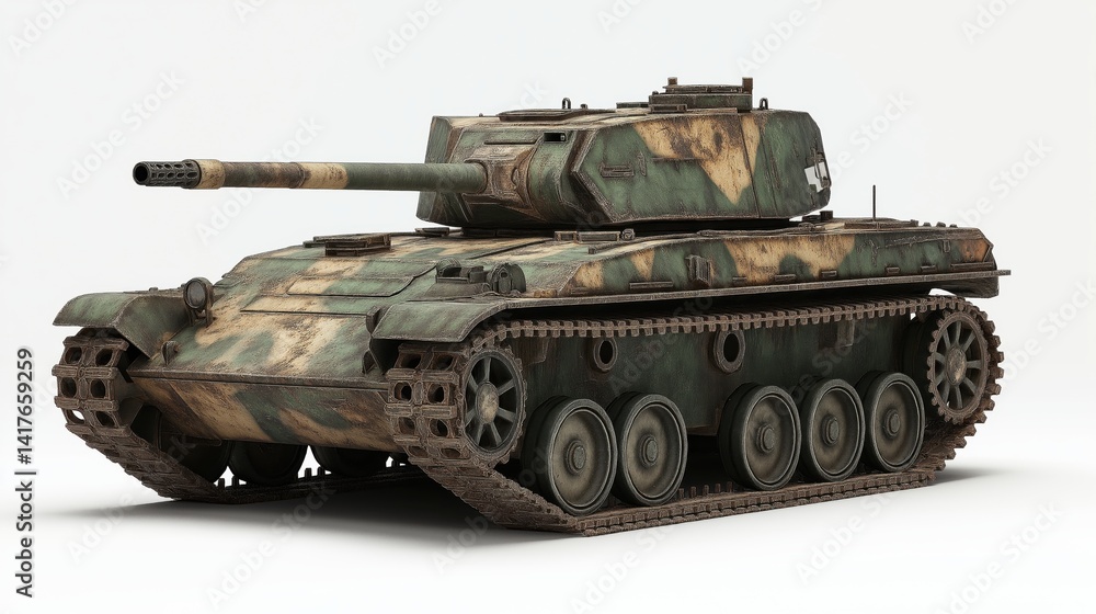 A military tank, rendered photorealistically, showcasing a camouflage pattern of olive drab, tan, and dark green, with visible weathering and rust on the tracks and body. A military tank, rendered photorealistically, showcasing a camouflage pattern of olive drab, tan, and dark green, with visible weathering and rust on the tracks and body.