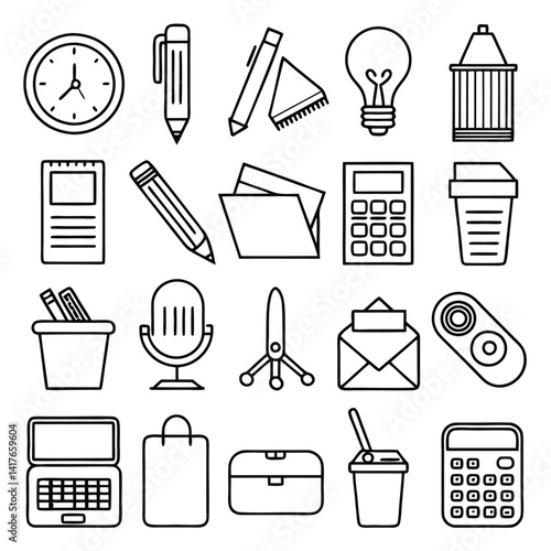 Office tools A simple black and white graphic of items used in an office environment