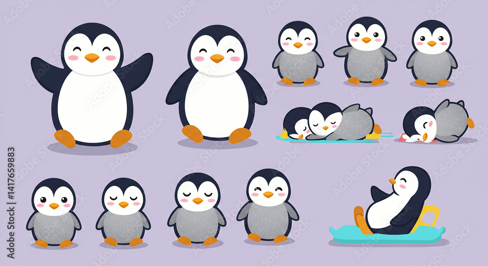 Fototapeta premium Penguin Cartoon Illustrations Various Poses and Activities