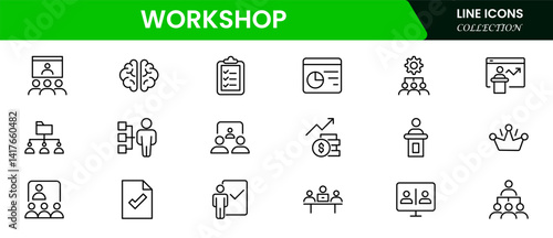 Set of Workshop and Coaching line icons. Outline icon collection related to training, coaching, mentoring, education, meetings, conferences, and teamwork.