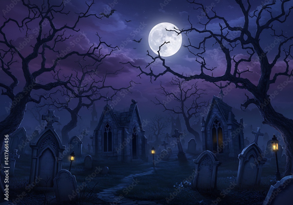 Fototapeta premium Spooky Graveyard at Night Under a Full Moon