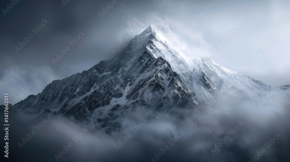 Fototapeta premium Mountain peak shrouded in mist, ethereal atmosphere, sense of awe and wonder, symbolic of spiritual ascension