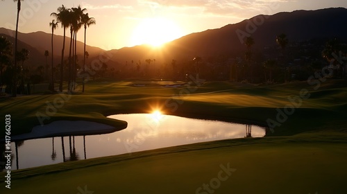 Golden hour golf course view with tranquil pond.