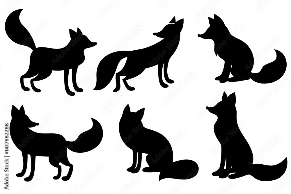 Set of black silhouettes of fox on transparent background Set of black silhouettes of fox on transparent background