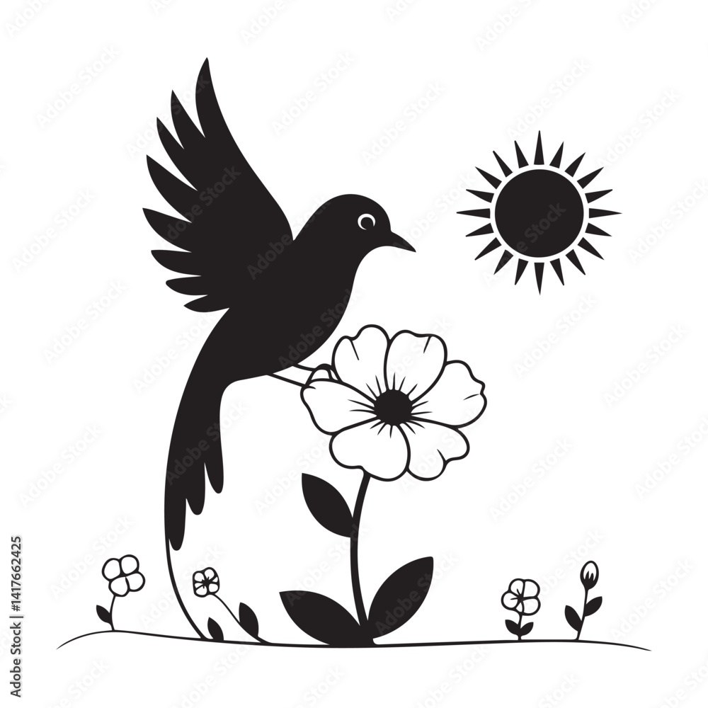 Obraz premium Minimalist Vector Black silhouettes Nature Illustration Bird, Flowers, Sun. with white background