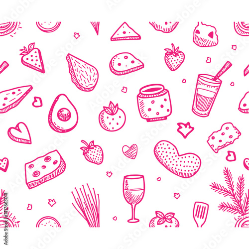 Contemporary minimalist line art seamless pattern with food, candles, drinks and decor doodles. Hand drawn dinner party background. Coquette ink menu texture. Vector graphic