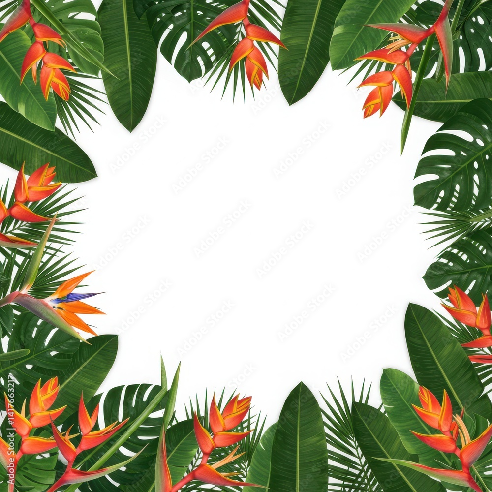 Naklejka premium Tropical frame with heliconia flowers monstera and palm leaves creating a border on white background