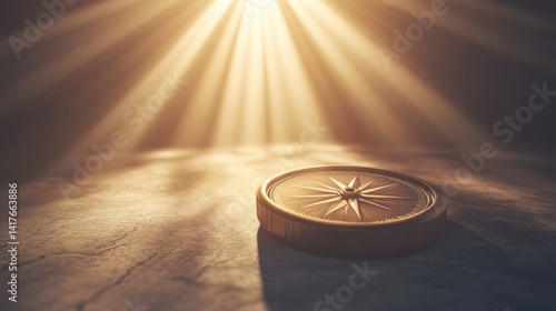 Antique Compass Illuminated by Golden Light Rays on Stone Surface