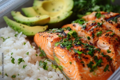 Grilled salmon with avocado and rice - fresh gourmet meal presentation