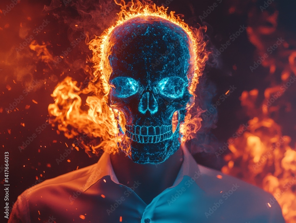 Digital artwork depicting a luminous skeletal form in a surreal setting Digital artwork depicting a luminous skeletal form in a surreal setting