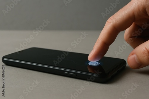 Unlocking smartphone with fingerprint scanner on screen, highlighted by soft light and minimal neutral background emphasizing modern biometric technology