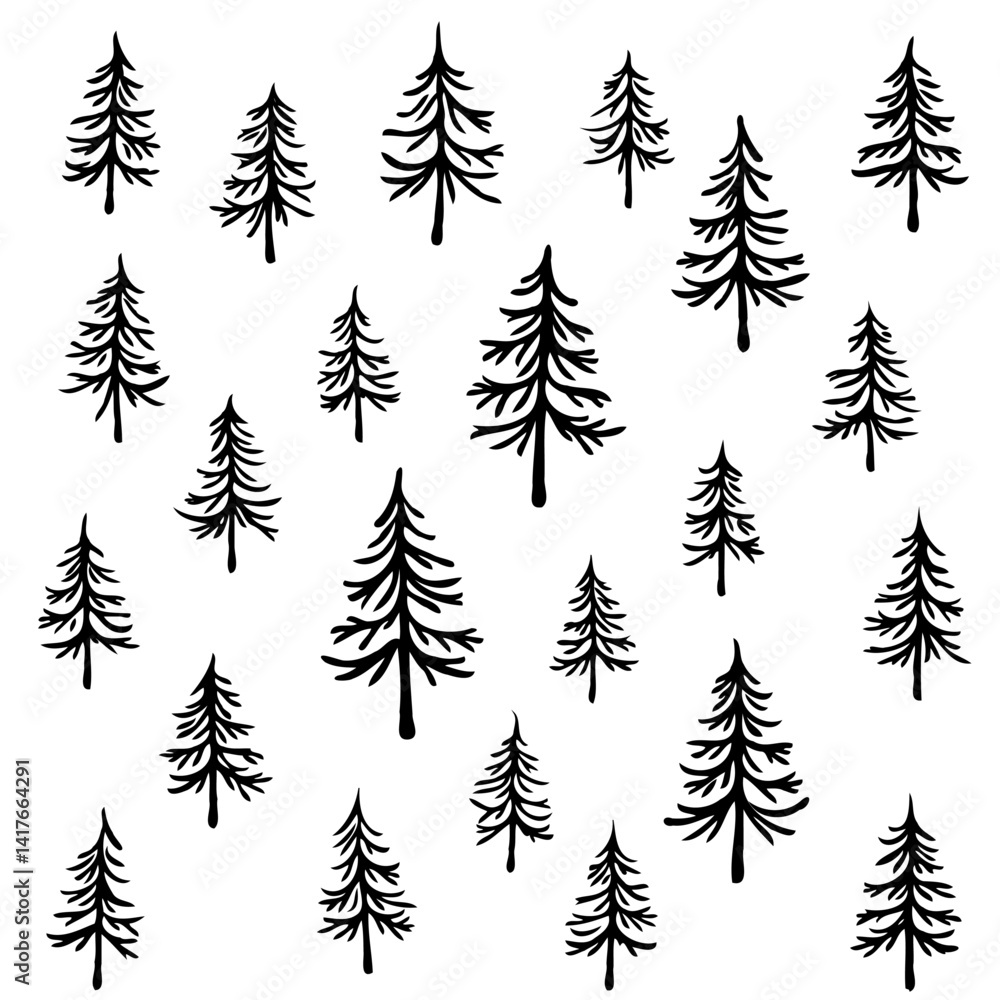 Fototapeta premium Pine Tree Monochrome Forest Doodle Hand Drawn Art