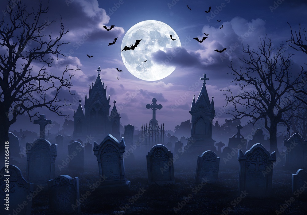 Fototapeta premium Spooky Graveyard at Night with Full Moon and Bats