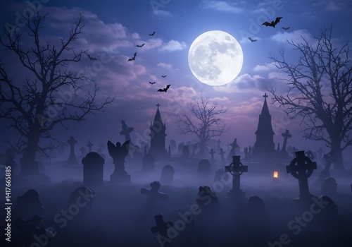 Spooky Graveyard at Night with Full Moon and Bats