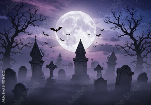 Spooky Graveyard at Night with Full Moon and Bats