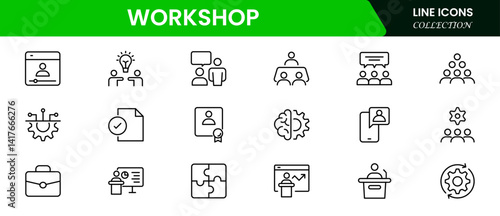 Set of Workshop and Coaching line icons. Outline icon collection related to training, coaching, mentoring, education, meetings, conferences, and teamwork.