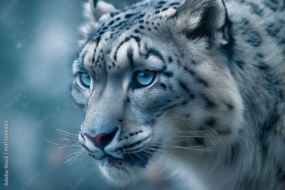 Naklejka premium Close-up of snow leopard face, showing detailed fur texture and bright blue eyes, conveying wildness, beauty, and grace, ideal for nature or wildlife themes