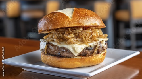 Gourmet hamburger with artisan bun and gourmet toppings - fresh juicy caramelized