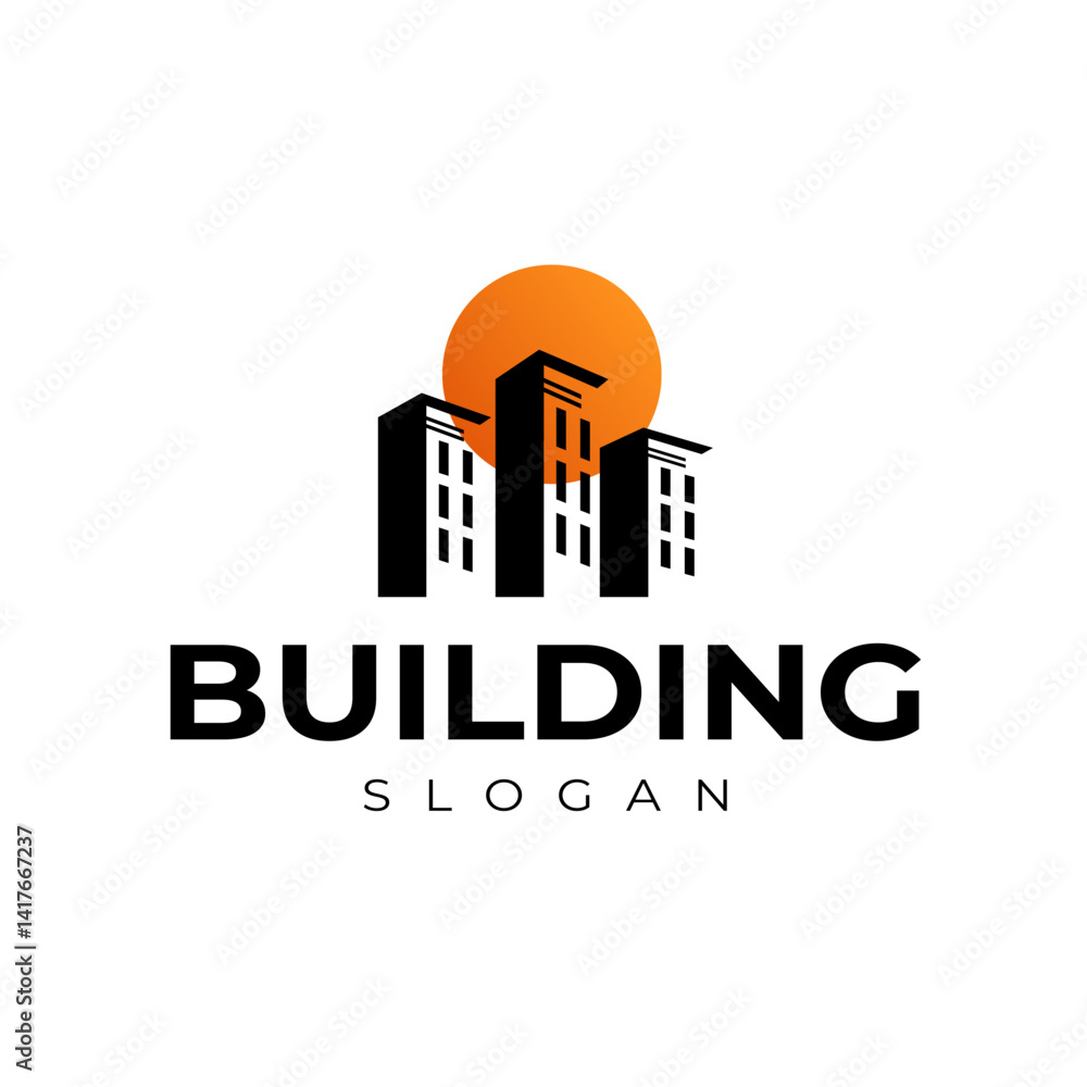 Obraz premium Urban Building Silhouette with sunset background can be used for Real Estate Logo Design