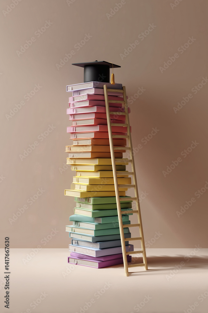Academic Success: Books stack with graduation cap and ladder symbolizes climbing to reach higher education. Academic Success: Books stack with graduation cap and ladder symbolizes climbing to reach higher education.