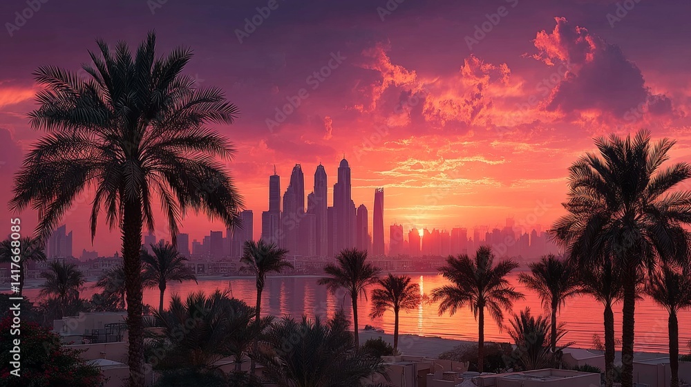Obraz premium Stunning Dubai skyline at sunset with vibrant orange-pink hues and palm trees