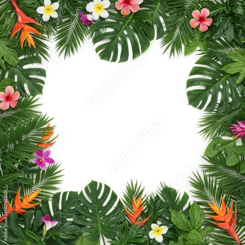 Wallpaper Mural Tropical frame with monstera leaves palm fronds hibiscus and bird of paradise flowers on white Torontodigital.ca