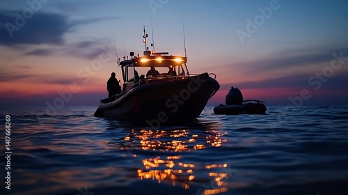 Nighttime maritime patrol vessel on the water.
