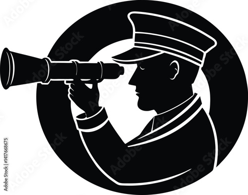 Silhouette of Sailor looking through scope, Sailor looking through scope