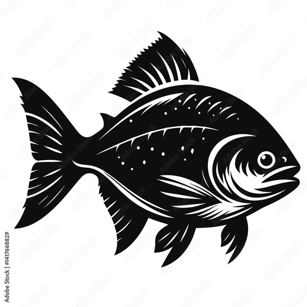 Vector Illustration of a Full Body Black Piranha Silhouette on White Background Vector Illustration of a Full Body Black Piranha Silhouette on White Background