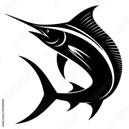 Dynamic Black Marlin Silhouette, Simple Vector Design, White Background, Minimalist Style