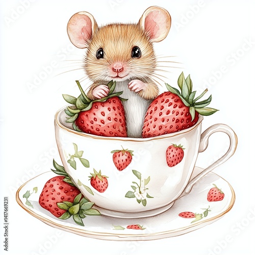 Charming watercolor illustration of a sweet little mouse savoring ripe strawberries inside a vintage floral teacup