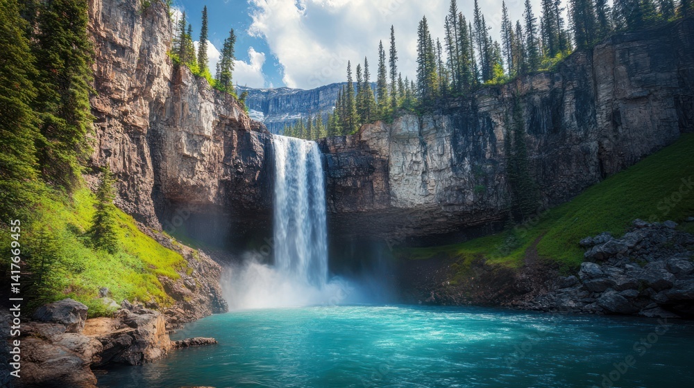 Fototapeta premium Majestic cascade surrounded by cliffs and evergreen forest landscape