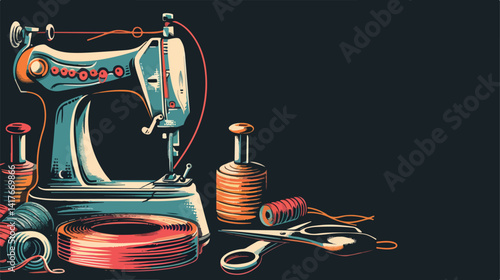 Elegant Sewing Design on Black Background: Vector Illustration