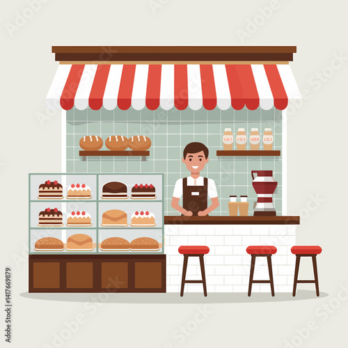 Bakery stall with awning, counter, baker and sweets display