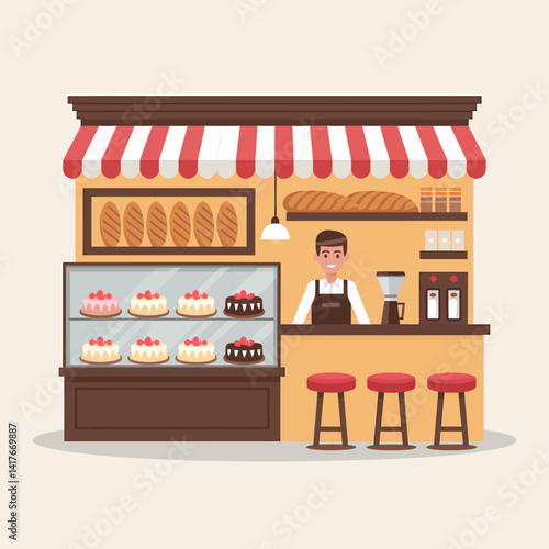 Bakery Shopfront with Cakes and Baker Illustration