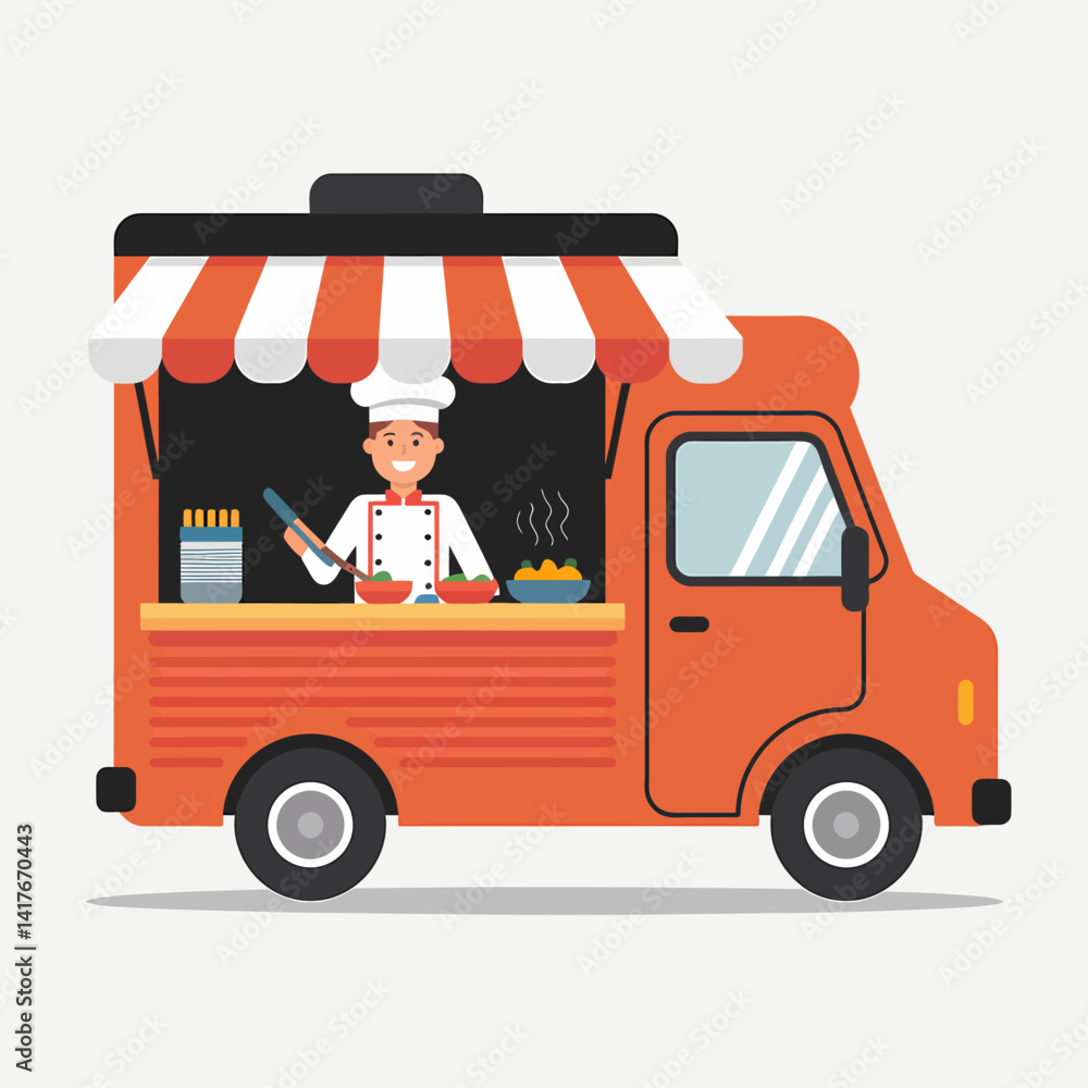 Orange Food Truck with Chef Preparing Meal Illustration, Street Food Concept Orange Food Truck with Chef Preparing Meal Illustration, Street Food Concept
