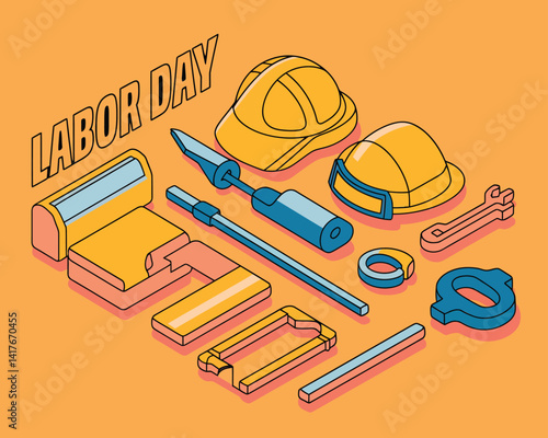 2d vector colorful poster for labor day , work industry equipment , worker , safety .
