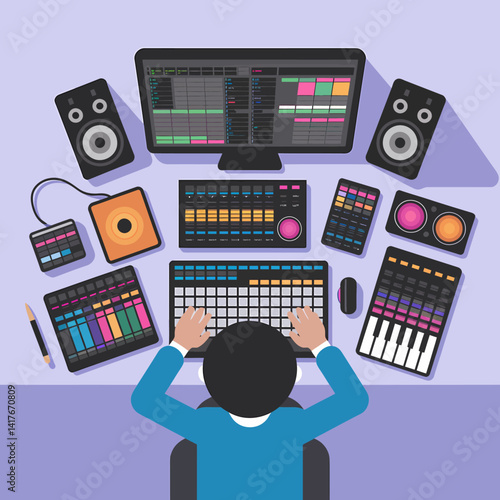 Music production setup. Person creating music. Digital audio workstation, DAW.
