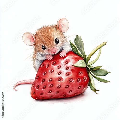 Whimsical watercolor mouse hugging ripe strawberry, capturing playful sweetness of childhood and natural world
