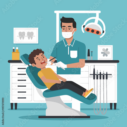 Child dental checkup illustration. Dentist examines young patient teeth.