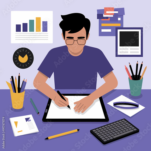 Digital artist creating artwork on graphic tablet at workspace with diagrams