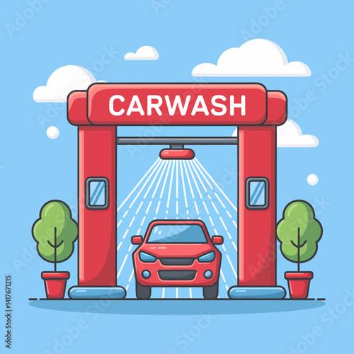 Red Carwash Station with Water Jets Illustration on Blue Background