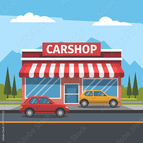 Vector carshop facade illustration with parked cars, mountain background, and awning.