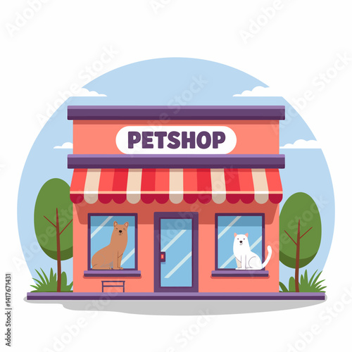 Charming Pet Shop Illustration with Dog and Cat, Storefront, and Playful Design