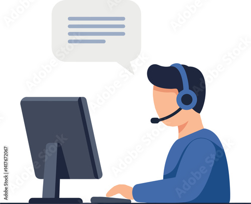 Customer service representative wearing headset working on computer flat design vector illustration